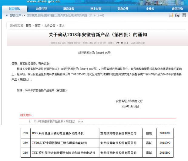 EMC易倍电机：2018年安徽省新产品公示